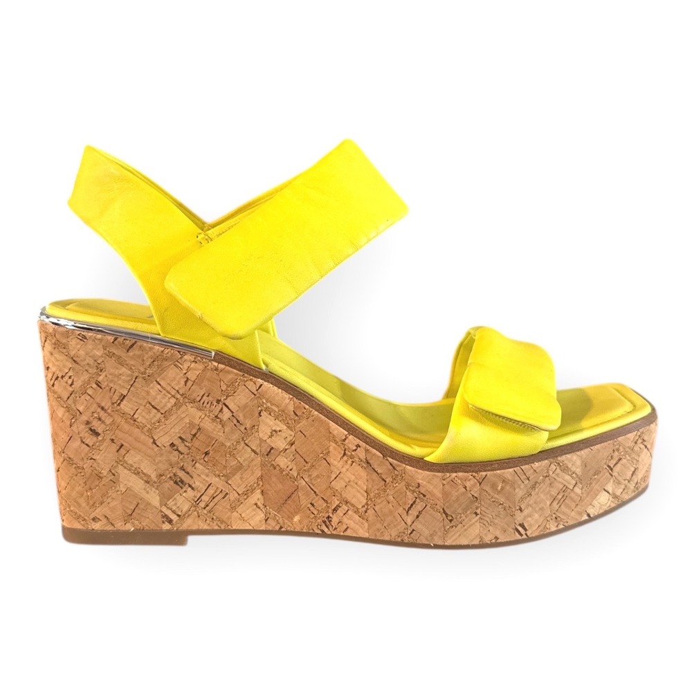Franco Sarto Yellow Leather Cork Wedge Platform Sandals